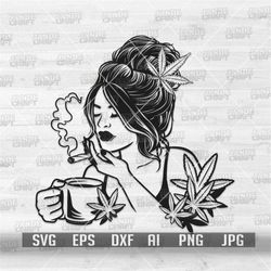 Messy Bun Hair Girl Smoking Weed with Coffee svg | High Dope Diva Queen Clipart | Cannabis Cut File | Marijuana Shirt pn