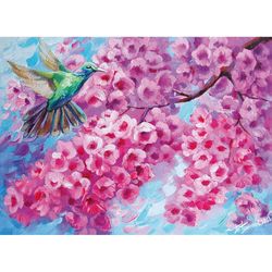 pink sakura hummingbird original acrylic painting on canvas cherry blossom wall art floral on canvas valentines day gift