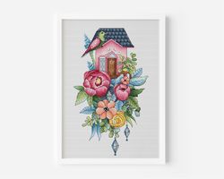 Floral Bird House Cross Stitch Pattern PDF, Whimsical House Counted Cross Stitch, Bird Hand Embroidery Pattern Peony