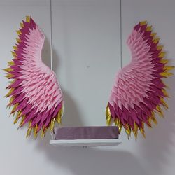 Handmade swing, hanging swing, Large angel wings, fuchsia and gold wings, winged swing,  Party Background nursery decor