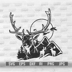 Deer Scene svg | Antler Clipart | Camping View Cutfile | Camper Shirt png | Boho Outdoor dxf | CampLife Stencil | Mounta