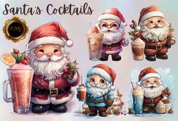 Santa's cocktails Png Clipart, Christmas cocktail illustrations, Sublimation-ready holiday clipart, Festive Santa Claus