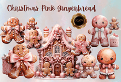 Christmas Pink Gingerbread PNG Clipart, holiday sublimation graphics, festive baking illustrations, winter cookie design
