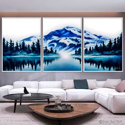 Nordic mountains big canvas painting Set of 3 pieces Blue pine forest landscape wall art, Scandinavian style design