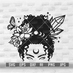 Mystical Celestial Witch svg | Gypsy Floral Head Clipart | Fortune Teller with Crystal and Butterfly Cut File | Curly Ha