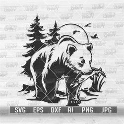 Bear Eating Fish svg | Brown Grizzly Clipart | Wilderness Stencil | Wild Life Shirt png | Camping Scene dxf | Outdoor Cu