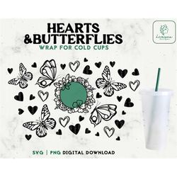 Butterfly 24oz Venti Cold Cup svg - Butterflies Svg Personalized Cup, Hearts Svg, Floral border svg Venti 24oz, Digital