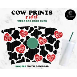 Cow Pattern 24oz Venti Cold Cup Svg - Roses SVG Cold Cup SVG, Cow Print Full Wrap Venti 24oz Cups, Heart svg png Digital