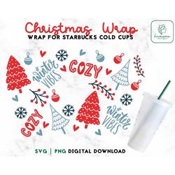 Christmas 24oz Venti Cold Cup Svg - Winter Vibes Cold Cup SVG - Christmas Tree Full Wrap, Snowflake svg - Digital Downlo