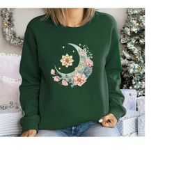 Floral Moon Sweatshirt, Youth Crewneck Sweatshirt, Floral Moon Pullover, Floral Unisex Sweater, Gift for Her