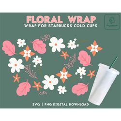Floral Boho Full Wrap 24oz Venti Cold Cup SVG - Daisy Svg Files For Cricut - Summer Flowers Wrap For 24oz Venti Cold Cup