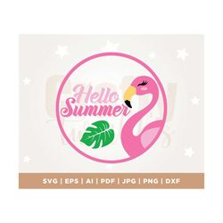 Hello Summer Flamingo Sign, Summer welcome sign svg, round door hanger svg, Cricut cut file, Silhouette, Glow forge lase
