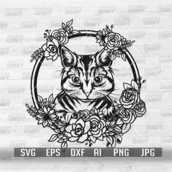 Cute Cat Wreath svg | Home Pet Animal Clipart | Floral Kitten Stencil | Cat Lover T-shirt Design png | Wild Safari Party