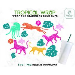 Leopard SVG 24oz Venti Cold Cup Svg, Cheetah Svg Cold Cup 24oz, Tropical Hibiscus Svg Svg Full Wrap Svg Png Instant Down
