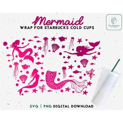 Mermaid SVG 24oz Venti Cold Cup -Venti Cold Cup - Mermaid Full Wrap For Personalized Cups - Mermaid Tail SVG Digital Dow