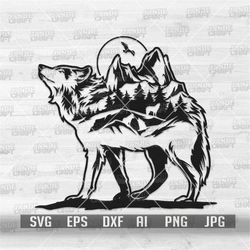 Wolf Mountain Outdoor Scene svg | Wild Forest Animal Clipart | Camping Shirt png | Camp Life Cut File | Wolf Stencil | F