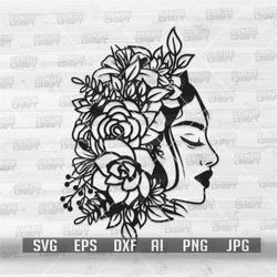 Floral Woman svg | Lady Flower Head Dress Cut File | Wedding Hair Bouquet Clipart | Pretty Woman Side View Stencil| Gard