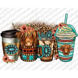 Serape floral Longhaired Cow coffee cups png sublimation design download, Cow coffee cups png, western Cow png, sublimat