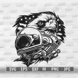 Eagle Biker Scene svg | Motorbike Engine Stencil | US Biker Helmet Shop Gifts | Rider Shirt png | Patriotic Animal dxf |