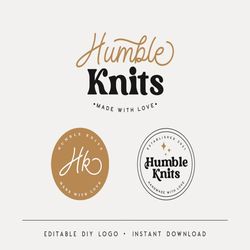 Editable Logo Designs, DIY Knitting Logo, Circle Retro Logo, Handmade Knit Logo Template with Watermarks, Instant