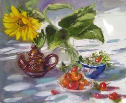 Still life Sunflower Teapot Rose hip painting, Original Oil Painting on canvas, Sunflower decor, Impressionist painting
