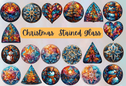 Christmas Stained Glass PNG Clipart Sublimation, Holiday Stained Glass Clipart, Festive Glass Art,Transparent Background