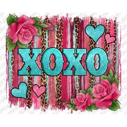 XOXO Valentines Day Leopard Glitter Brushstroke Png Sublimation Design, Valentines Day Png, Valentines Day XOXO With Ros