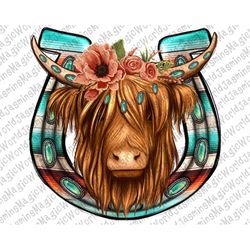 Floral Long Hair Shaggy Cow with Horseshoe Png Sublimation Design, Serape Horseshoe Png,Texas Cow Png,Western Cow Clipar