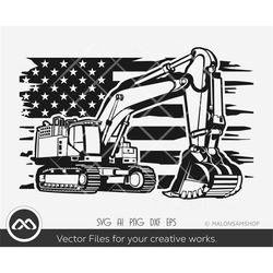 Excavator SVG US flag - excavator svg, excavator clipart, backhoe svg, heavy equipment svg, silhouette, png