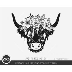 Highland Cow SVG Cow face with flowers - Cow svg, highland cattle svg, cow head svg, cow face svg, png for lovers
