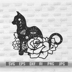 Celestial Cat svg | Black Cat Clipart | Magical Creature Stencil | Cat Spell T-shirt png | Floral Cat Cut File| Mystical