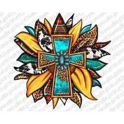 Cross Western sunflower png sublimation design download, cross png, Western cross png, Leopard sunflower png, sublimate