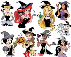 Disney Bundle Halloween Princess Png SVG, Spooky Vibes Png SVG, Bat SVG, Witch Png SVG