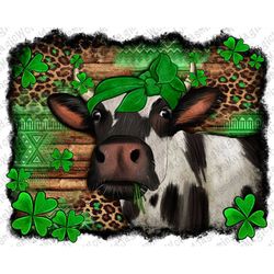 St. Patrick's Holstein Cow With Leopard Background Png Sublimation Design, Holstein Png, St. Patrick's Day Leopard Backg
