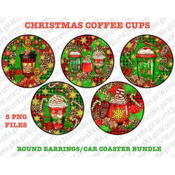 Christmas coffee cups coaster png bundle design download, Christmas car coasters png, coffee cups earrings bundle png, s