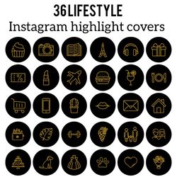 36 Lifestyle Instagram Highlight Icons. Gold and Black Instagram Highlights Images. Stylish Instagram Highlights Covers