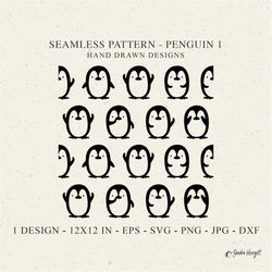 Penguin Seamless Pattern Svg Dxf Png Jpg Winter Background Plotter File Baby Animal Wallpaper Clipart Cute Bird Vinyl Cu