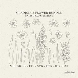 Gladiolus Flower Plotter File SVG DXF PNG August Birth Month Floral Cricut Botanical Silhouette Cute Blossom Clipart Lea