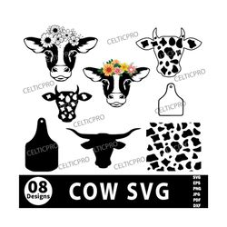 COW Svg, cow head svg, cow print svg, bull head svg, Longhorn SVG, Cow Png, cow tag svg, floral animal svg, Cut Files Fo