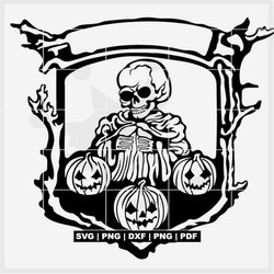Skeleton and pumpkin SVG in vintage style,  Skull and Pumpkin for Halloween svg, with blank banner for diy | with png, p