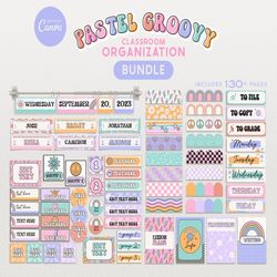 Editable Classroom Organization Pastel Groovy Bundle, Printable Canva Templates Calendar, Labels, Binder Covers, Border