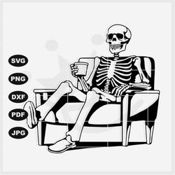 Chilling Skeleton while enjoying a cup of coffee- Halloween Design Sublimation, Cutting, Prints etc. - in pdf, png, jpg,