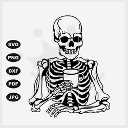 Skeleton SVG, Skeleton Drinking Coffee Svg, Skeleton holding cup svg- Cutting, sublimation machines compatible with png,