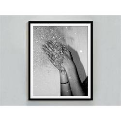 Disco Party Glitter Hands Print, Black and White Wall Art, 70s Disco Poster, Girly Dorm Room Decor, Maximalist Wall Art,
