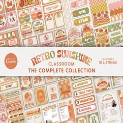 Editable Classroom Retro Sunshine Complete Collection Printable Bundle, Canva Templates Classroom Management