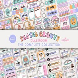 Editable Classroom Groovy Pastel Complete Collection Printable Bundle, Canva Templates Classroom Management