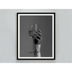 Funky Wine Glass in Disco Party Poster, Bar Cart Print, Black and White, Alcohol Wall Art, Cocktail Prints, Home Bar Dec