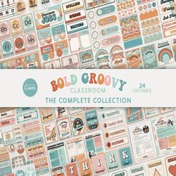 Editable Classroom Groovy Retro Complete Collection Printable Bundle, Canva Templates, Classroom Management