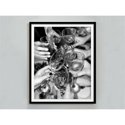 wine cheers print, bar cart wall art, black and white, cocktail poster, alcohol wall art, home bar decor, wine wall art,