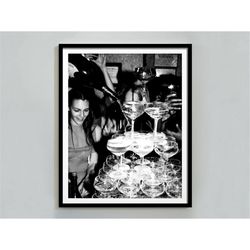 Bar Cart Print, Champagne Glasses, Cocktail Poster, Black and White, Alcohol Wall Art, Champagne Poster, Vintage Bar Dec